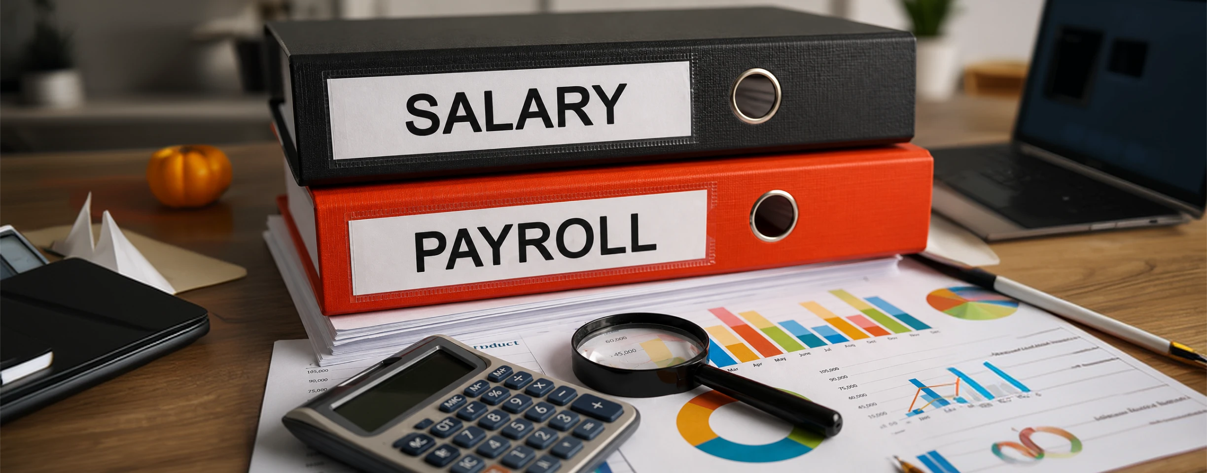 Salary and payroll folders with financial reports and a calculator